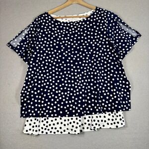 Susan Graver Polka Dot Layered Top Plus Size 1X Navy White Short Sleeve‎ Stretch